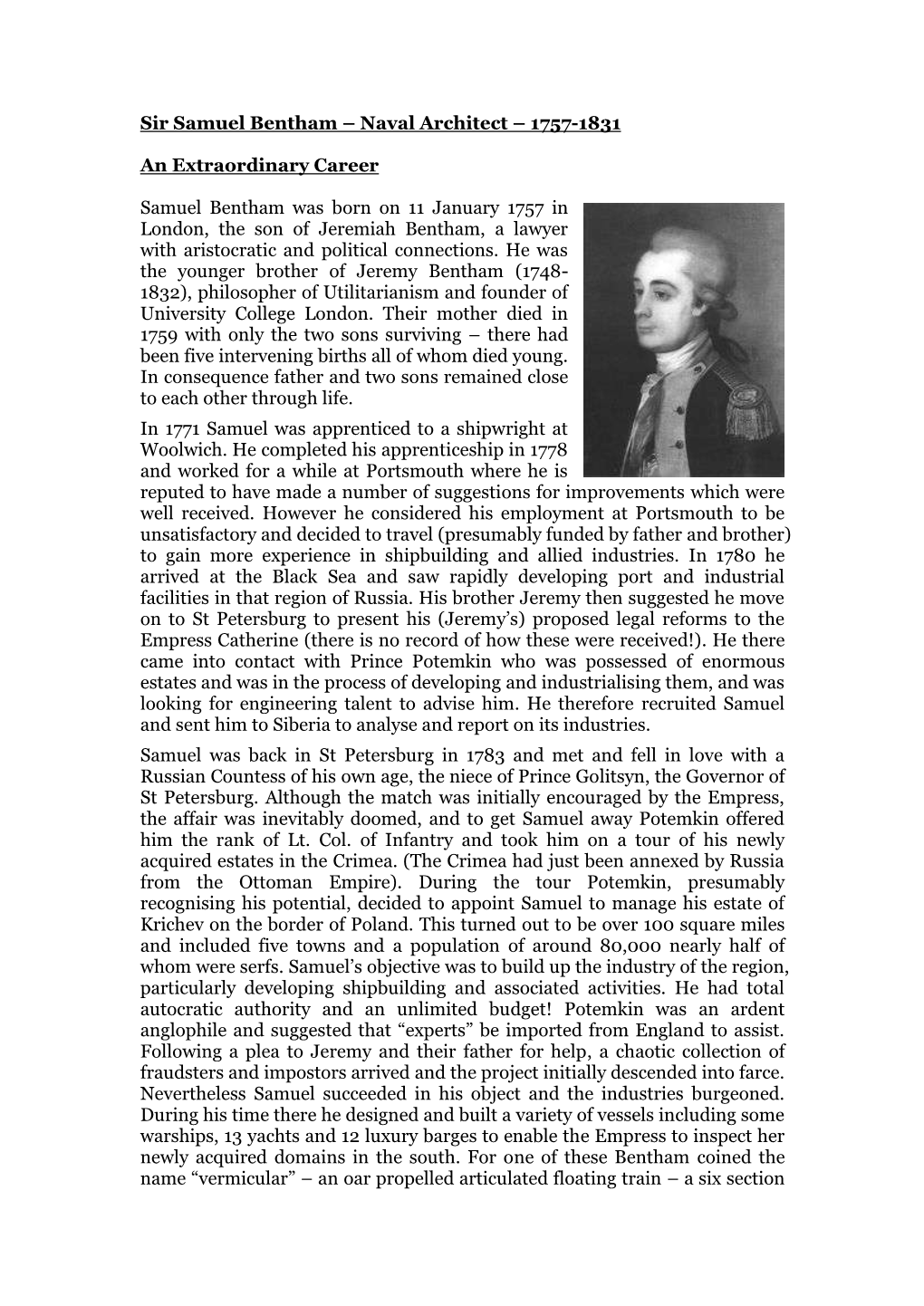 Biography of Sir Samuel Bentham