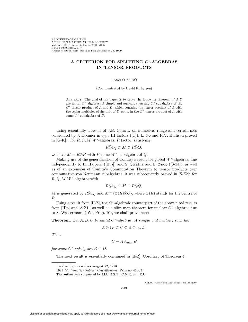 ALGEBRAS in TENSOR PRODUCTS Using Essentially a Result of JB