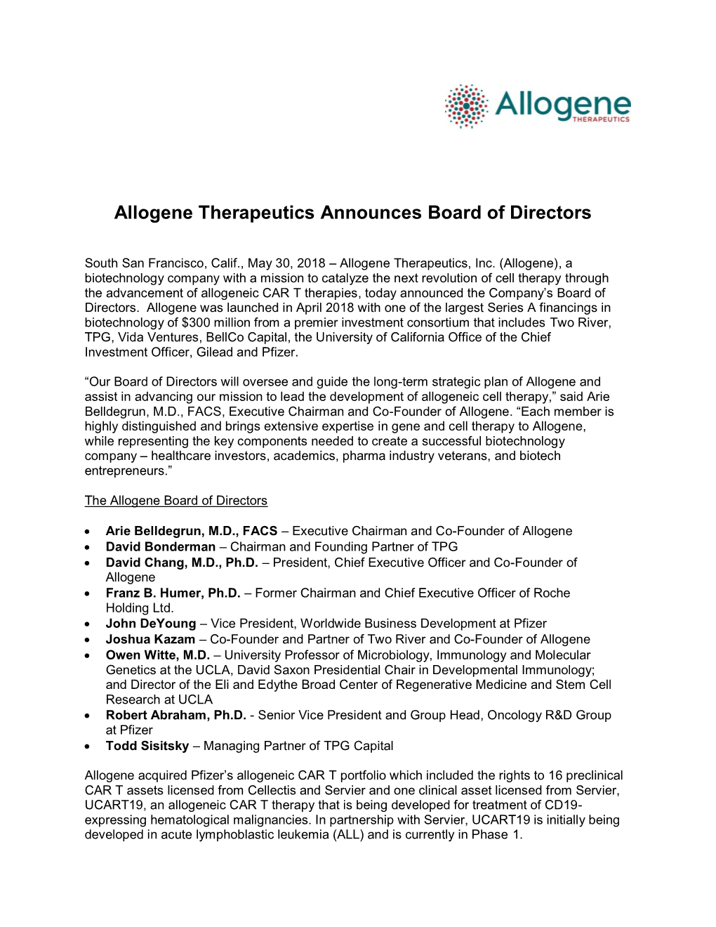 Allogene Therapeutics Announces Board of Directors