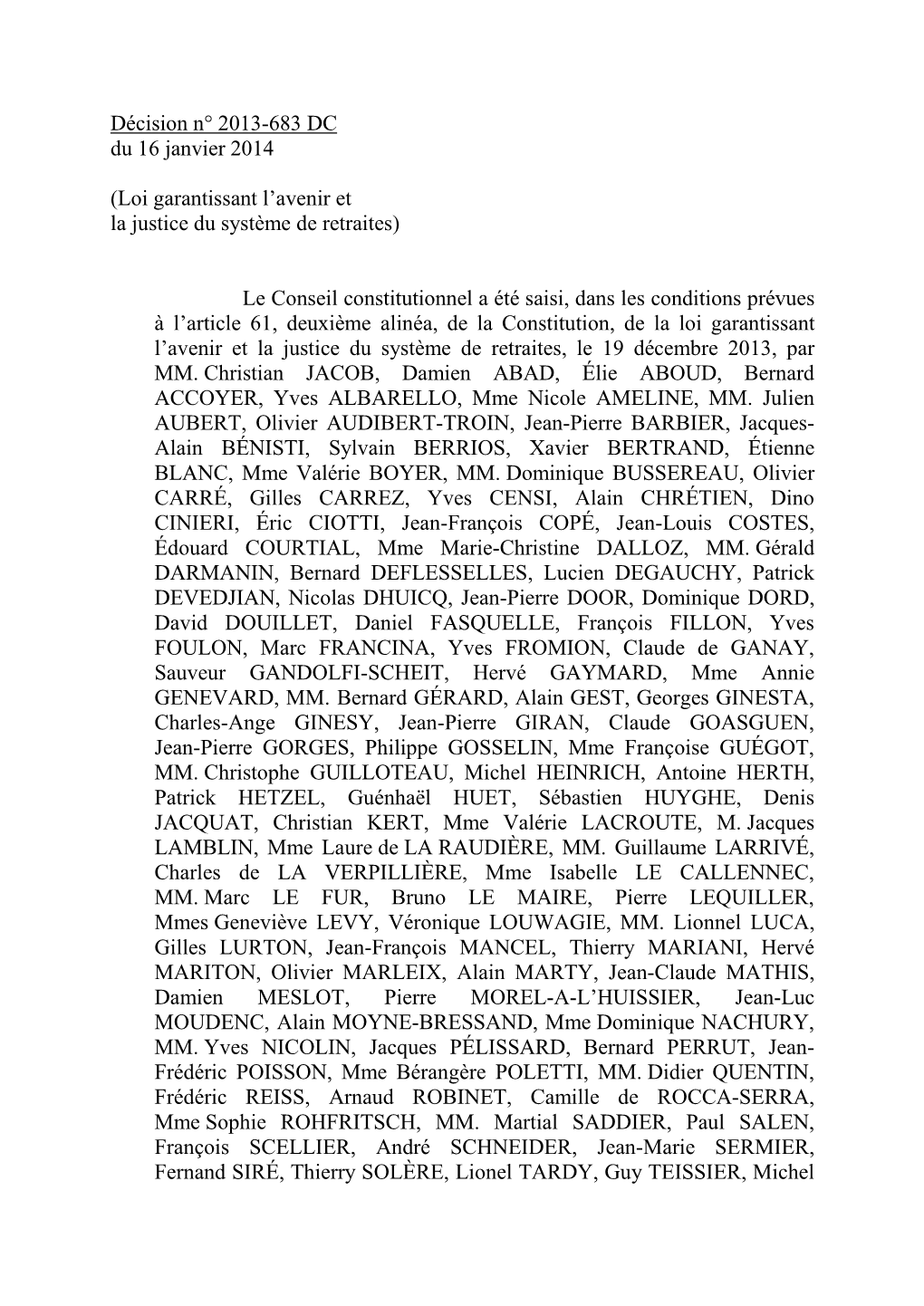 Décision N° 2013-683 DC Du 16 Janvier 2014- Loi Garantissant L