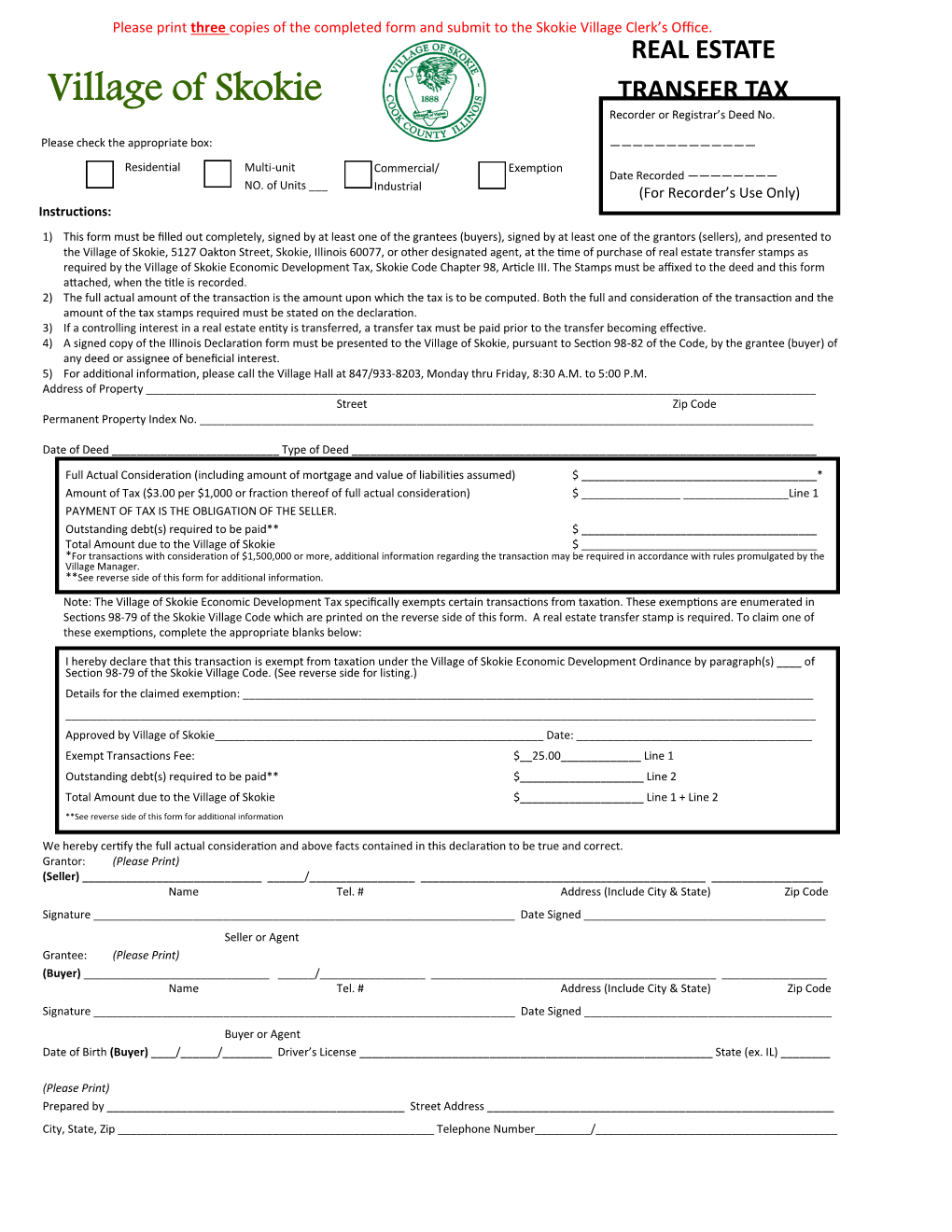 REAL ESTATE TRANSFER TAX Village of Skokie Recorder Or Registrar’S Deed No