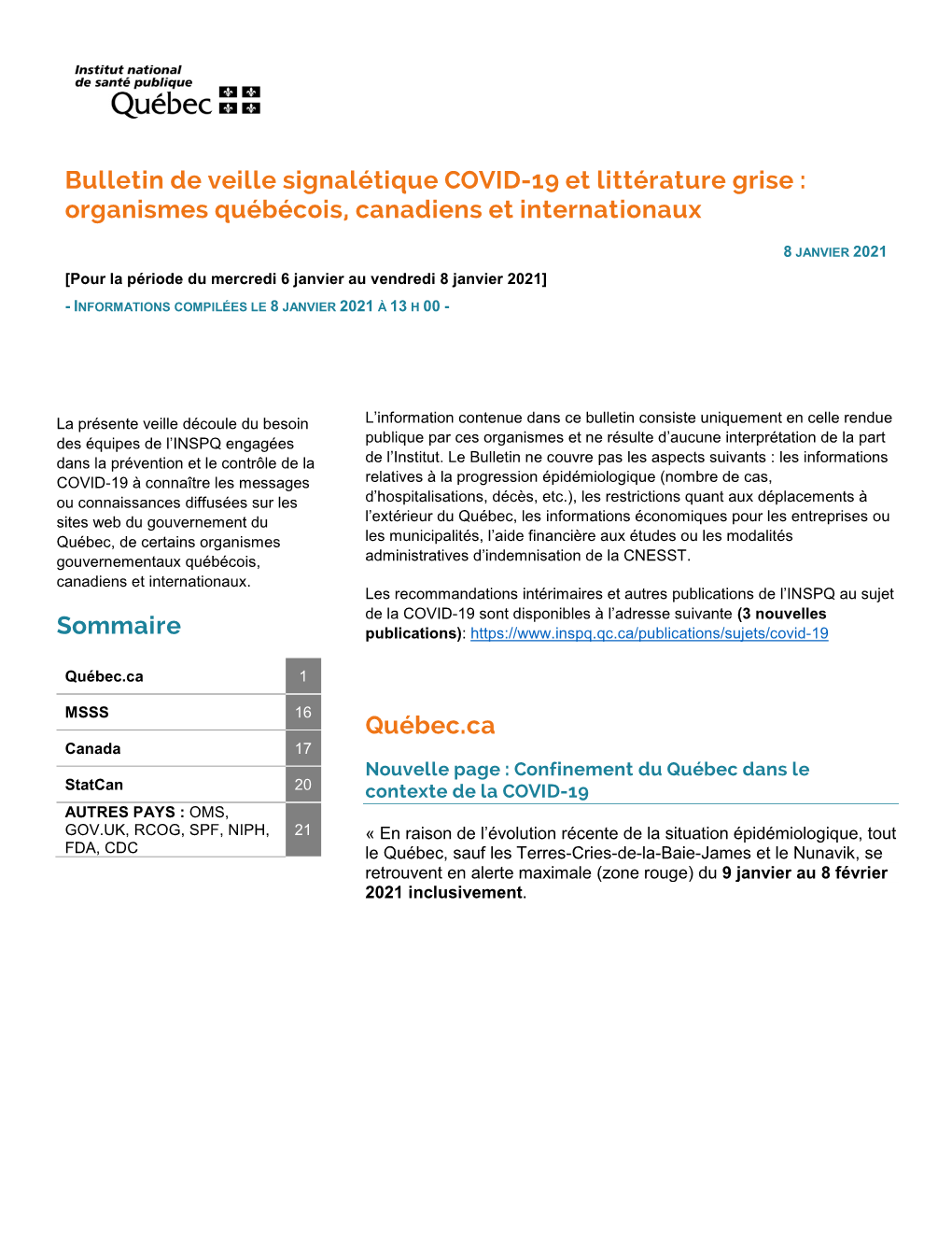 Bulletin De Veille Signalétique COVID-19 Et Littérature Grise : Organismes Québécois, Canadiens Et Internationaux