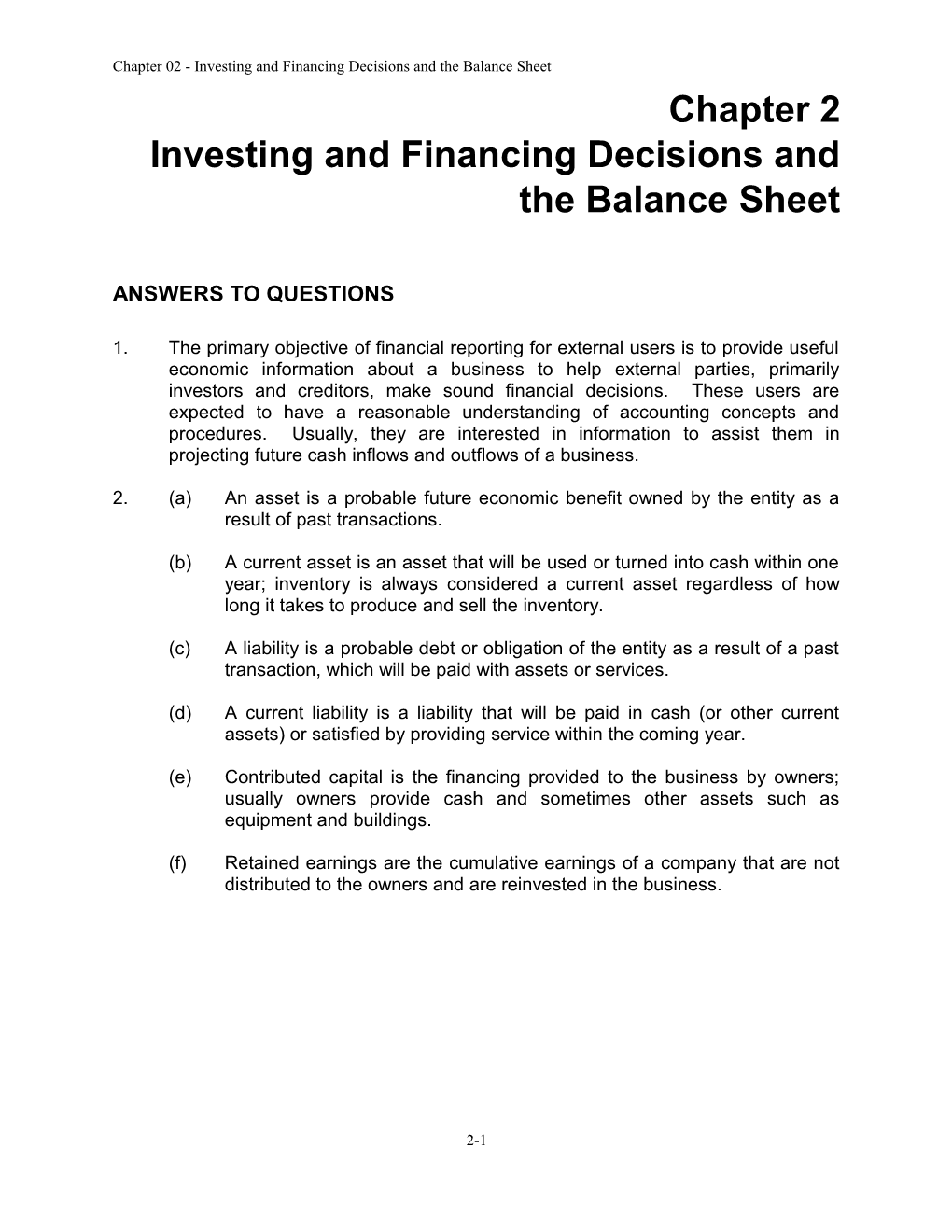 Chapter 02 - Investing and Financing Decisions and the Balance Sheet