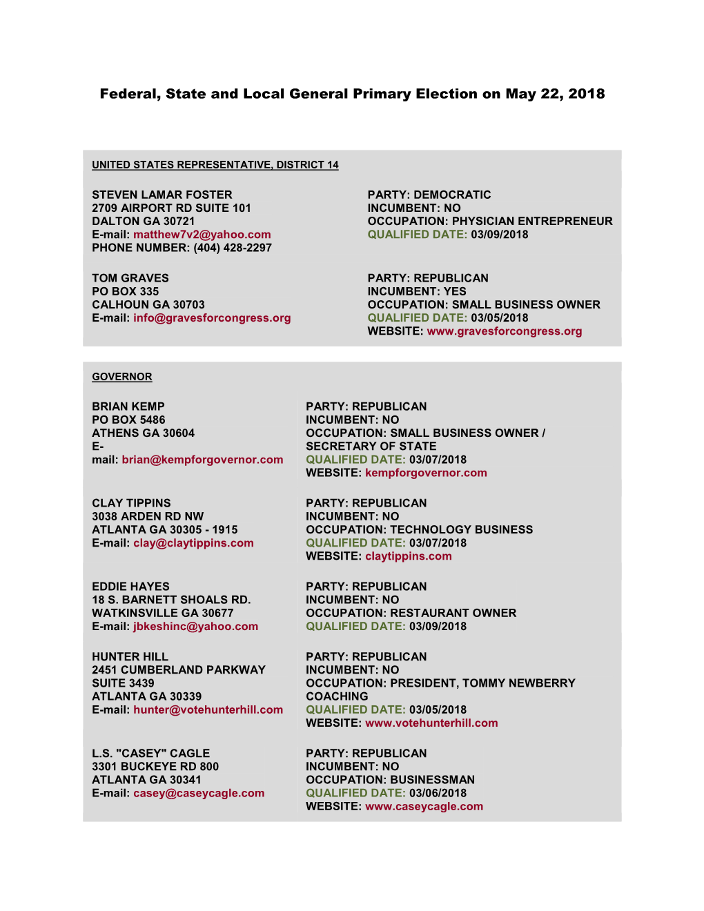 Federal, State and Local General Primary Election on May 22, 2018