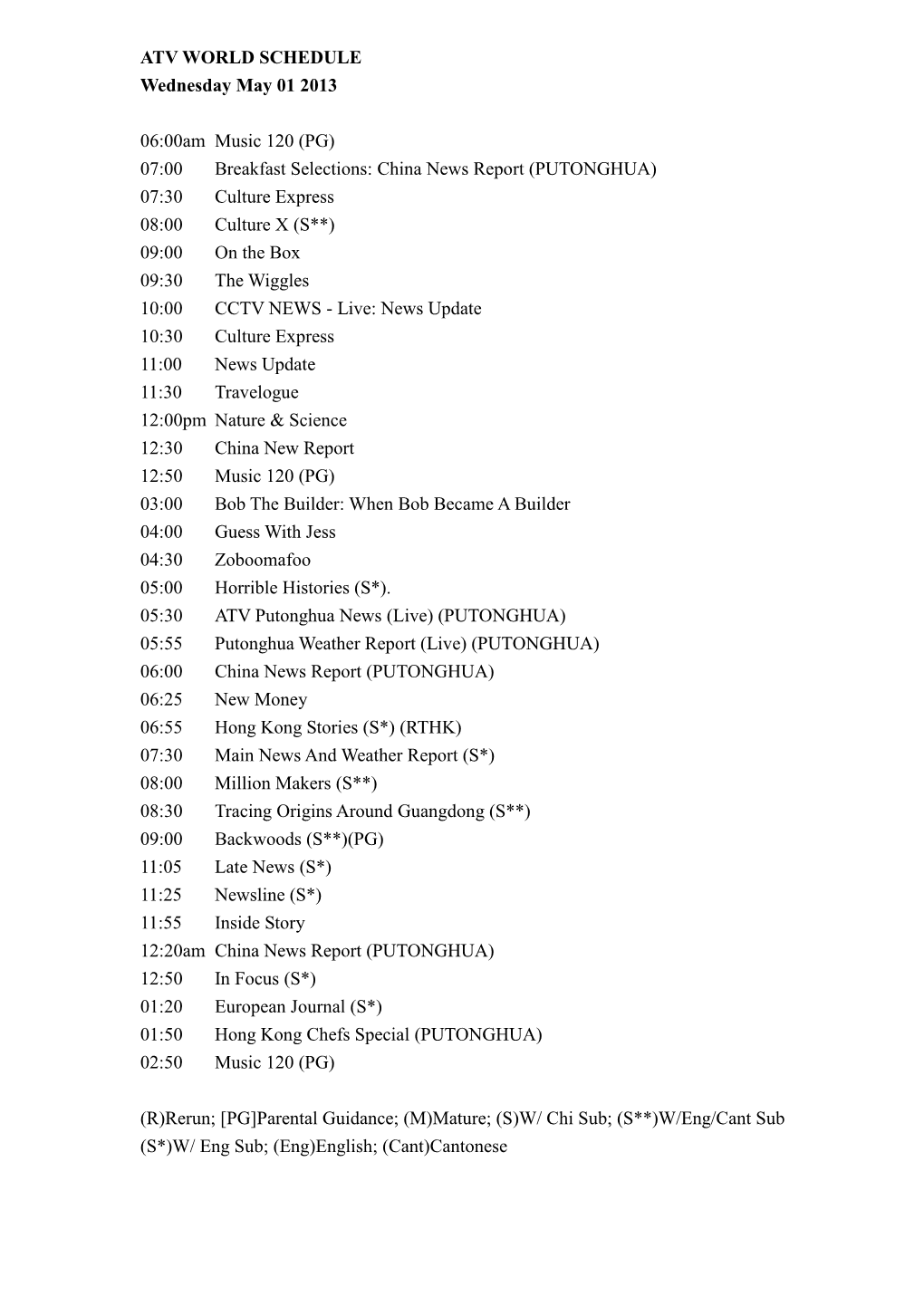 ATV WORLD SCHEDULE Wednesday May 01 2013