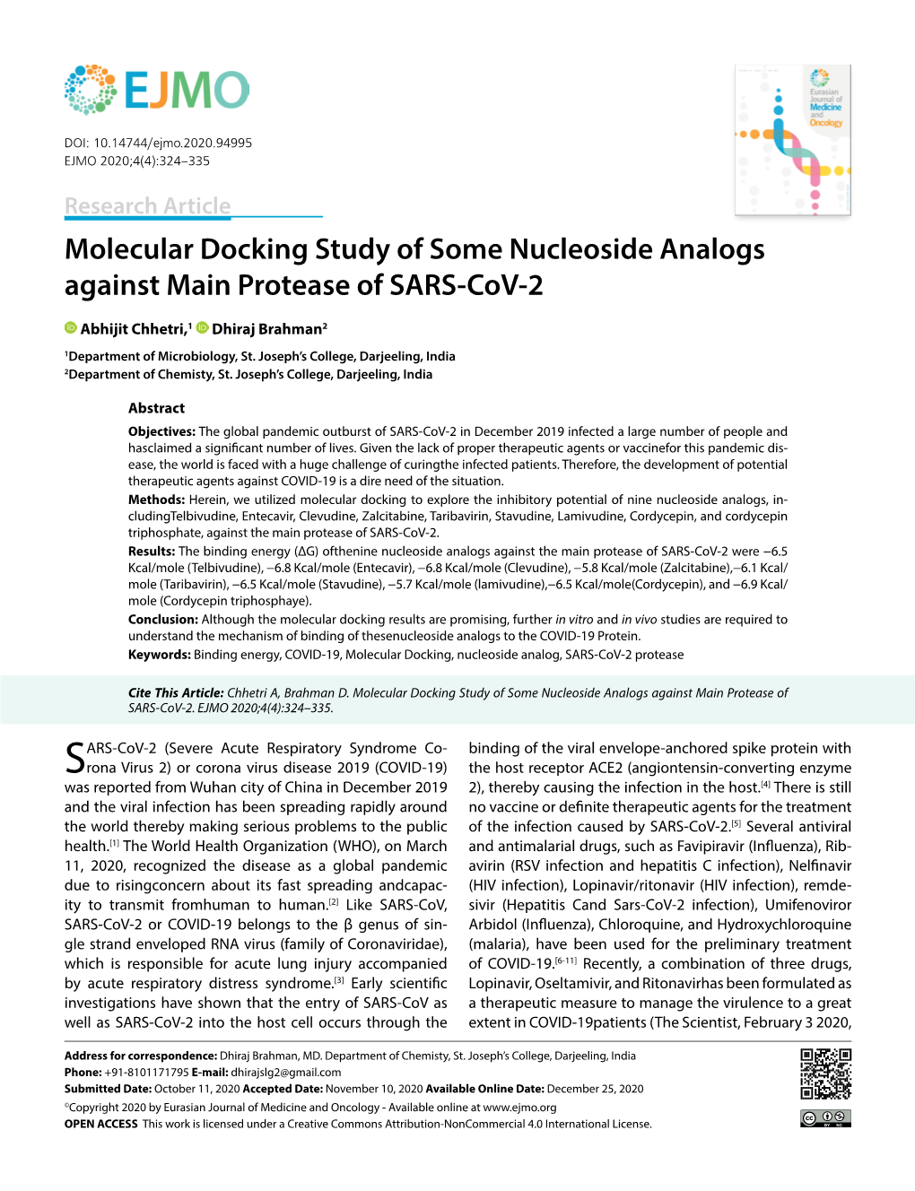 Molecular Docking Study of Some Nucleoside Analogs Against Main Protease of SARS-Cov-2