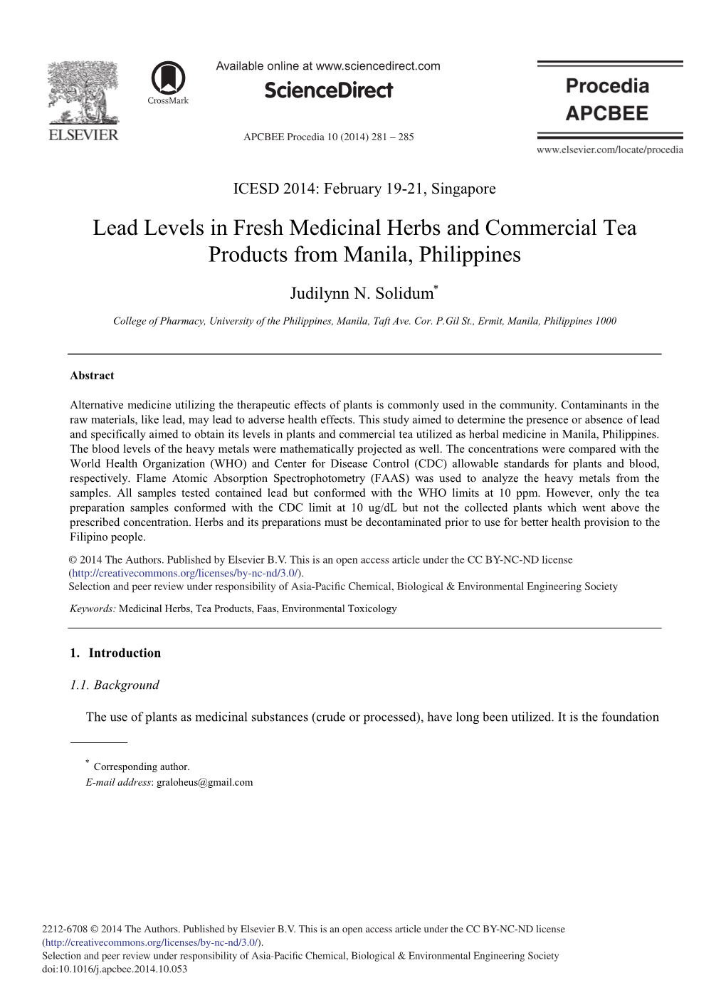 Lead Levels in Fresh Medicinal Herbs and Commercial Tea Products from Manila, Philippines