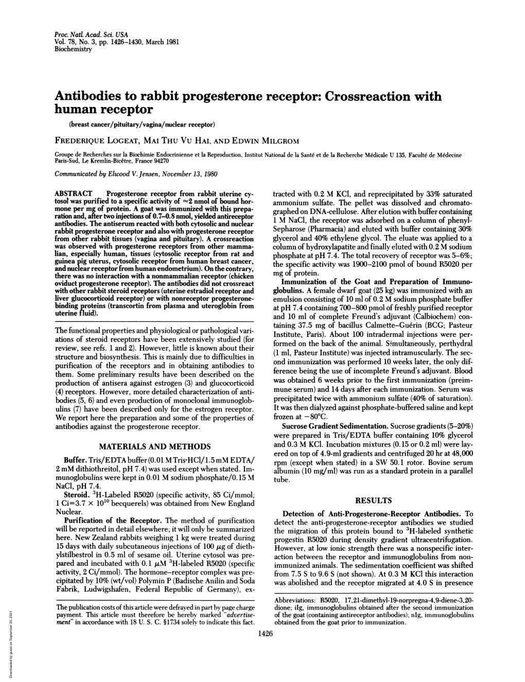 Antibodies to Rabbit Progesterone Receptor: Crossreaction with Human