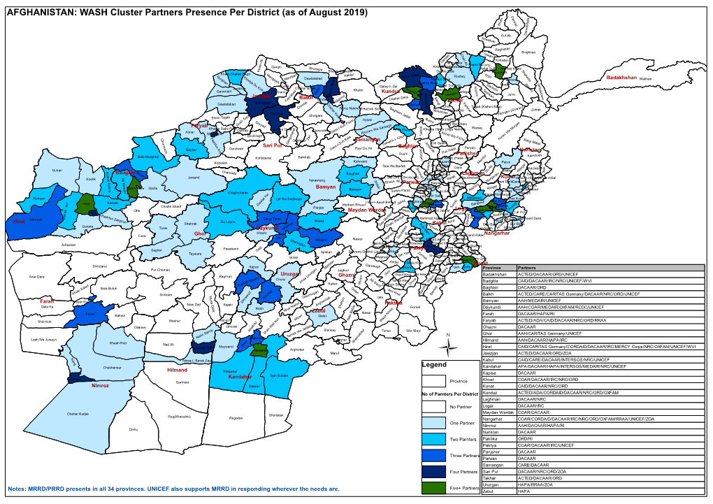 AFGHANISTAN: WASH Cluster Partners Presence Per District (As of August 2019) D I a a K R L W a A