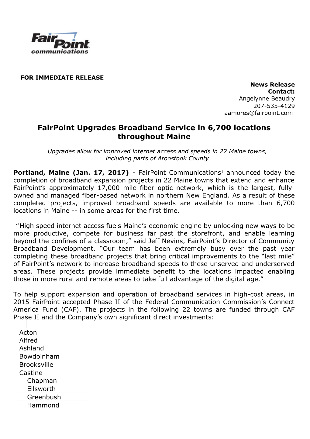 Fairpoint Upgrades Broadband Service in 6,700 Locations Throughout Maine