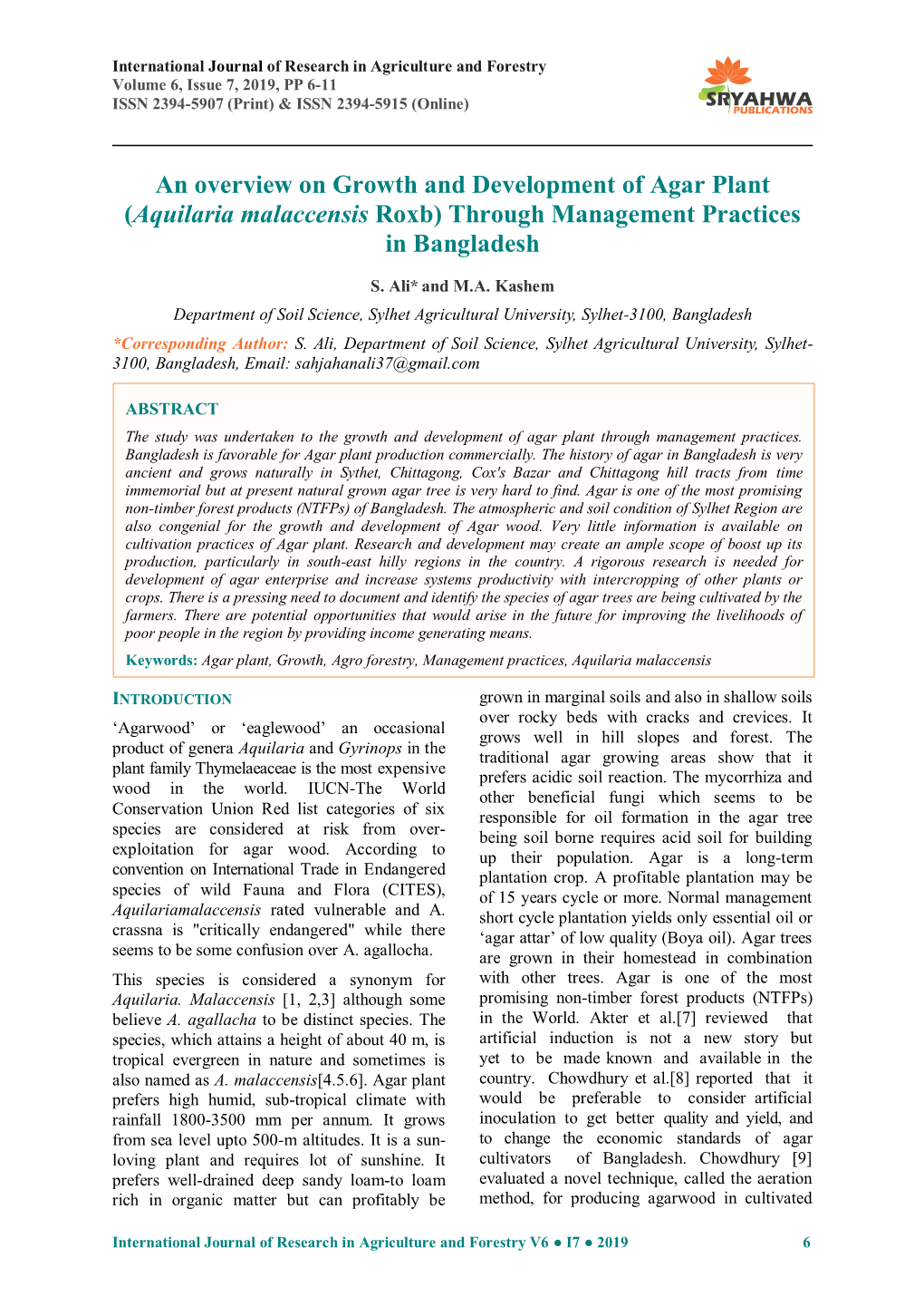 An Overview on Growth and Development of Agar Plant (Aquilaria Malaccensis Roxb) Through Management Practices in Bangladesh