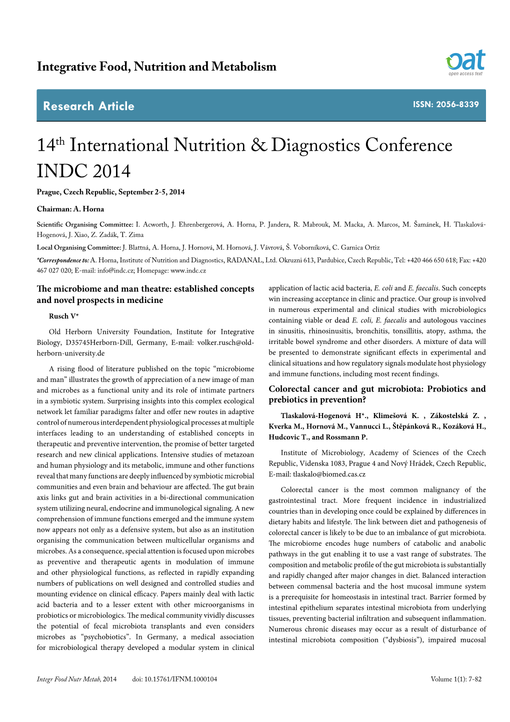 14Th International Nutrition & Diagnostics Conference INDC 2014