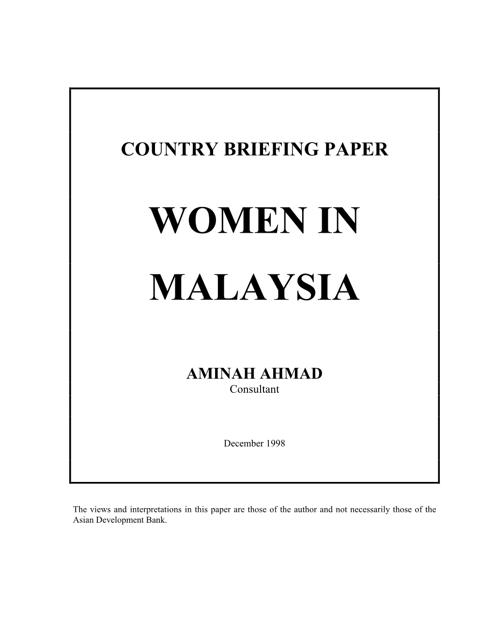 Women in Malaysia: Country Briefing Paper