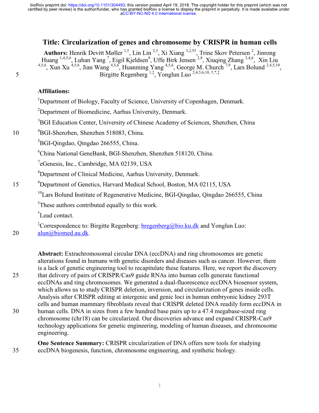 Circularization of Genes and Chromosome by CRISPR