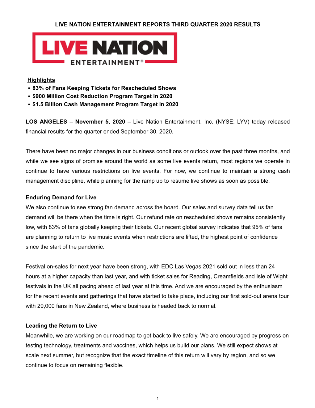 Live Nation Entertainment Reports Third Quarter 2020 Results