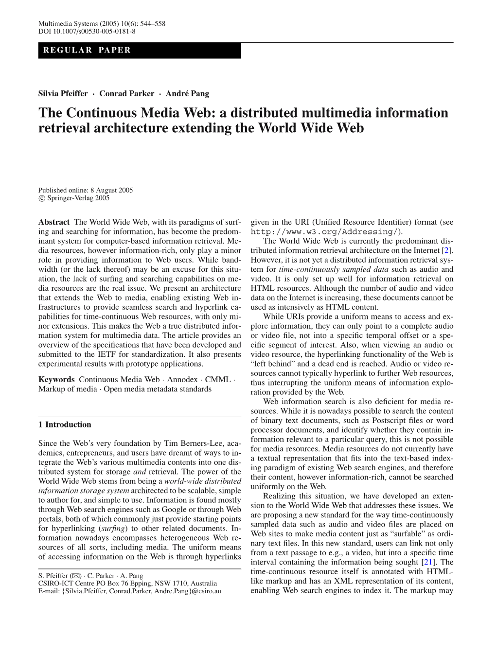 The Continuous Media Web: a Distributed Multimedia Information Retrieval Architecture Extending the World Wide Web