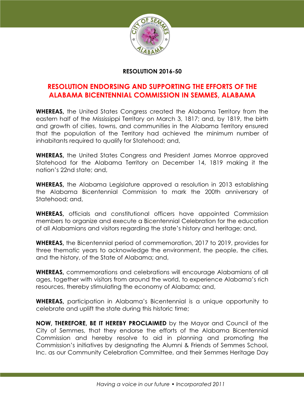 Resolution Endorsing and Supporting the Efforts of the Alabama Bicentennial Commission in Semmes, Alabama