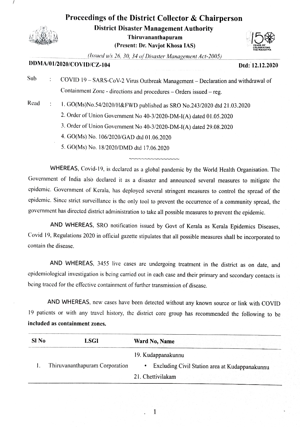 Proceedings of the District Collector & Chairperson District Disaster