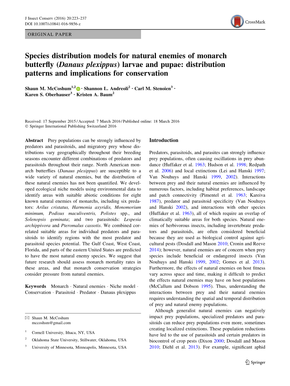 Species Distribution Models for Natural Enemies of Monarch Butterfly