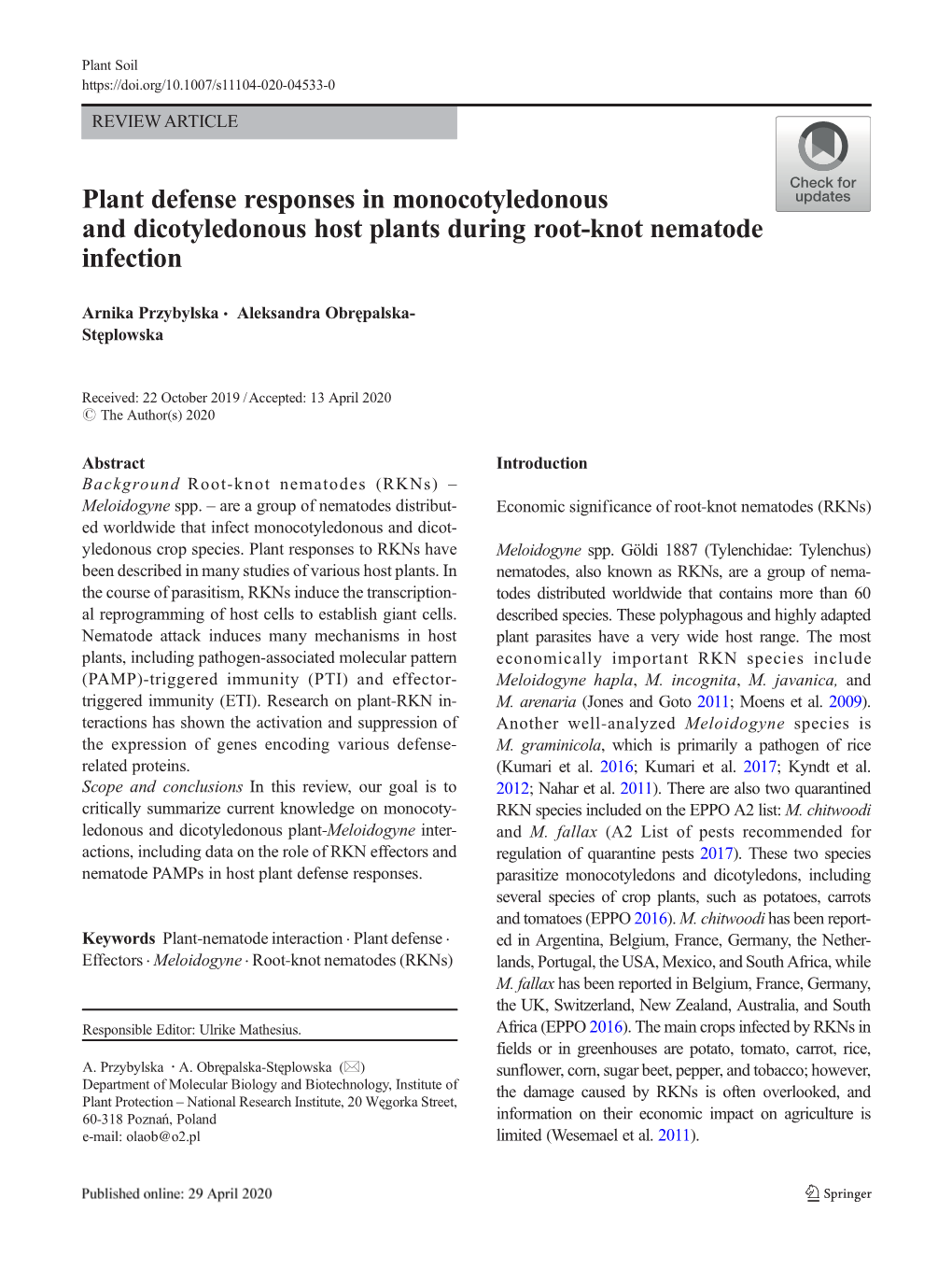 Plant Defense Responses in Monocotyledonous and Dicotyledonous Host Plants During Root-Knot Nematode Infection