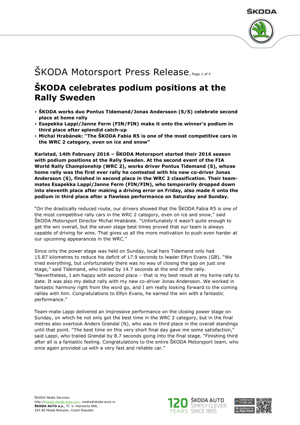 ŠKODA Motorsport Press Release, Page 1 of 4