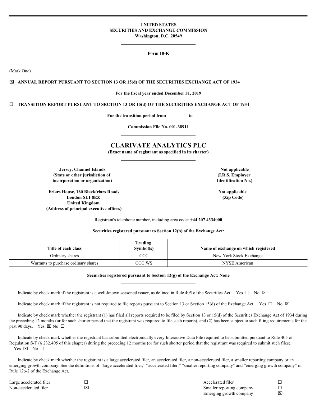 CLARIVATE ANALYTICS PLC (Exact Name of Registrant As Specified in Its Charter)