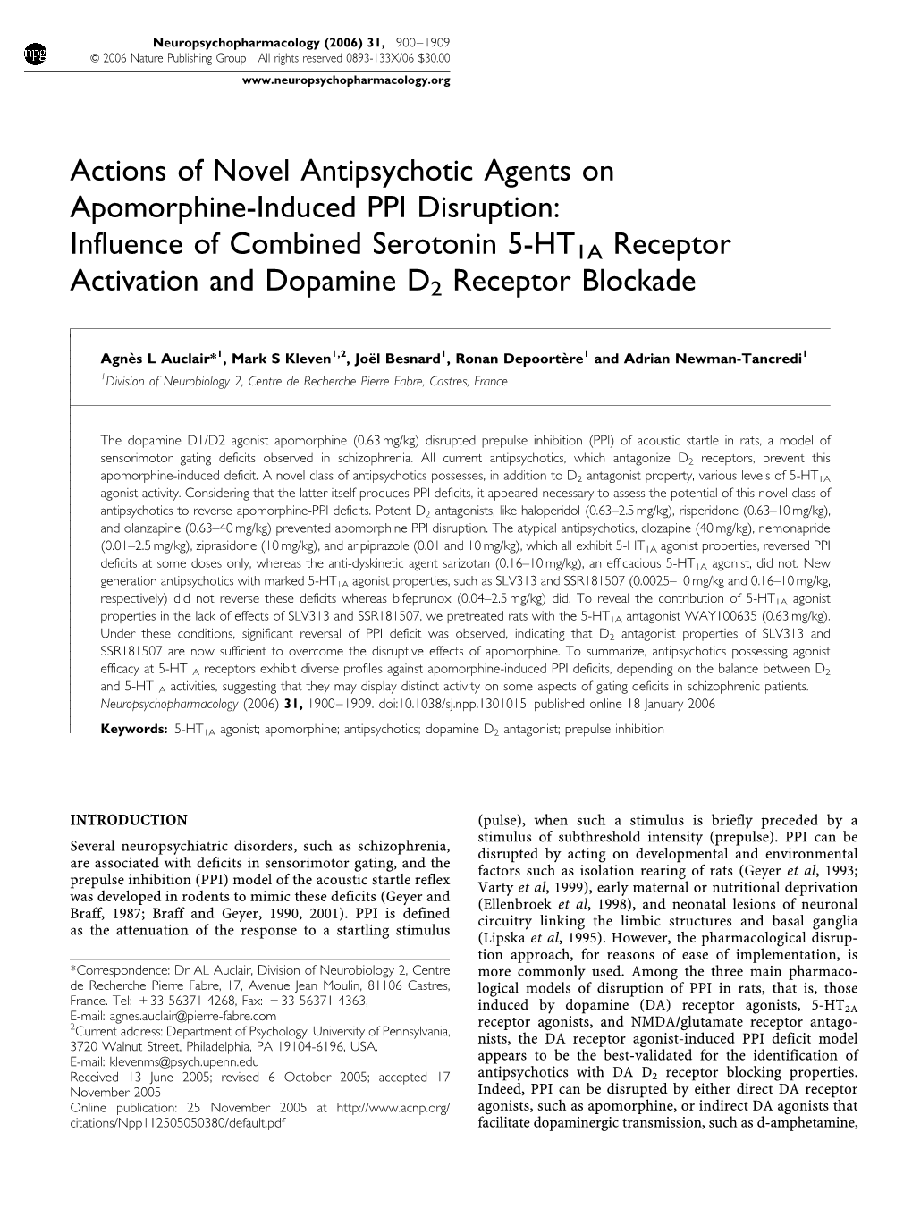 Actions of Novel Antipsychotic Agents on Apomorphine-Induced