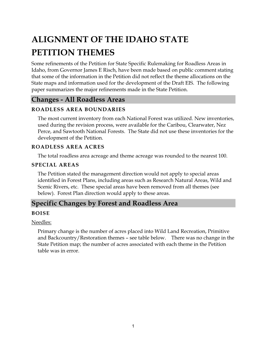 Alignment of the Idaho State Petition Themes