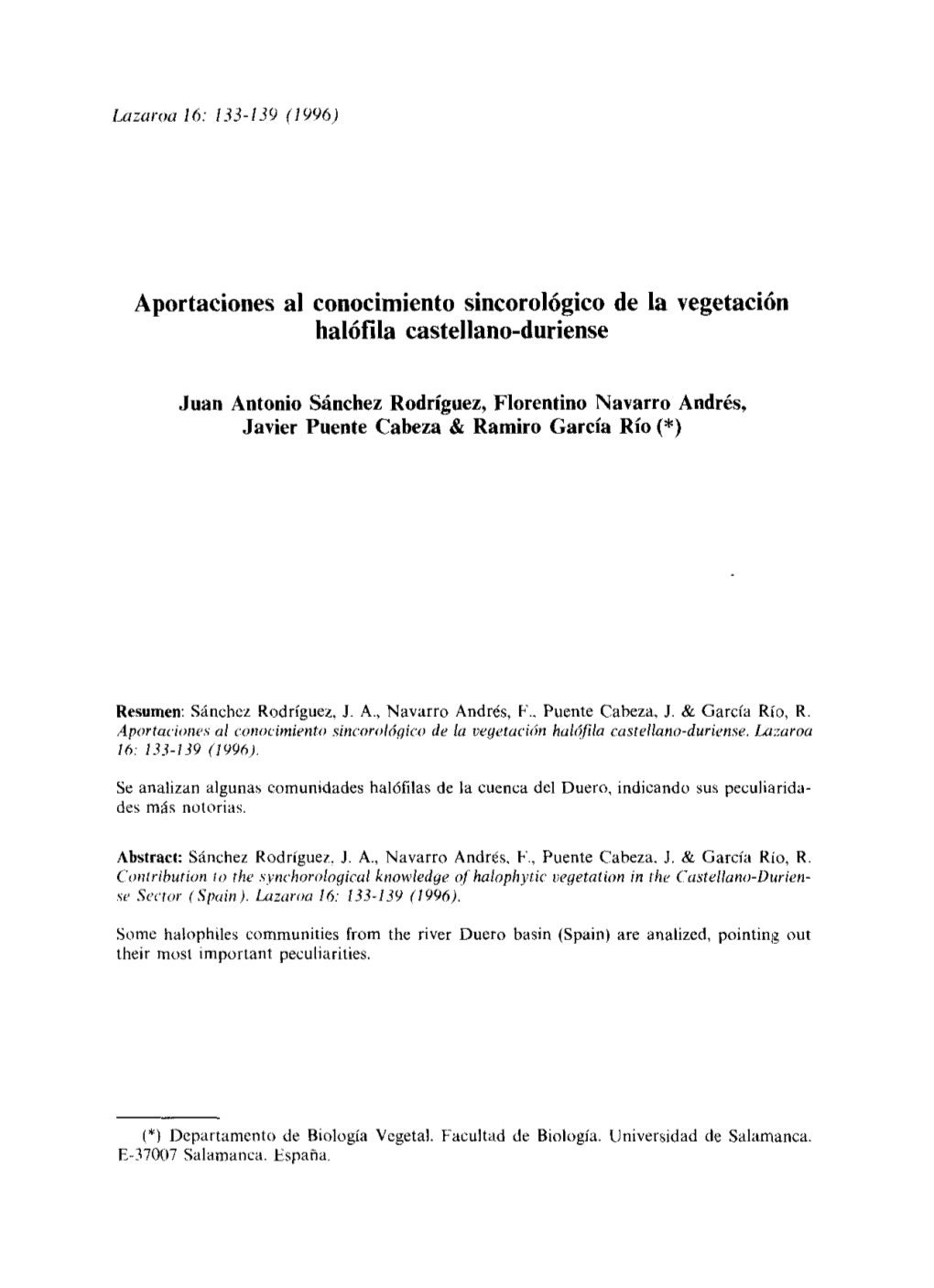 Aportaciones Al Conocimiento Sincorológico De La Vegetación Halófila Castellano-Duriense