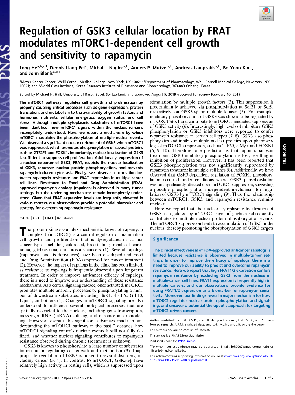 Regulation of GSK3 Cellular Location by FRAT Modulates Mtorc1-Dependent Cell Growth and Sensitivity to Rapamycin