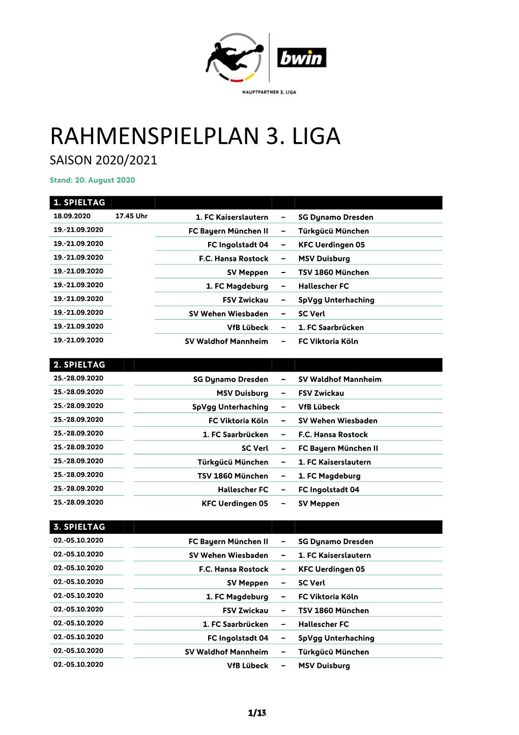 Rahmenspielplan 3. Liga 2020-2021