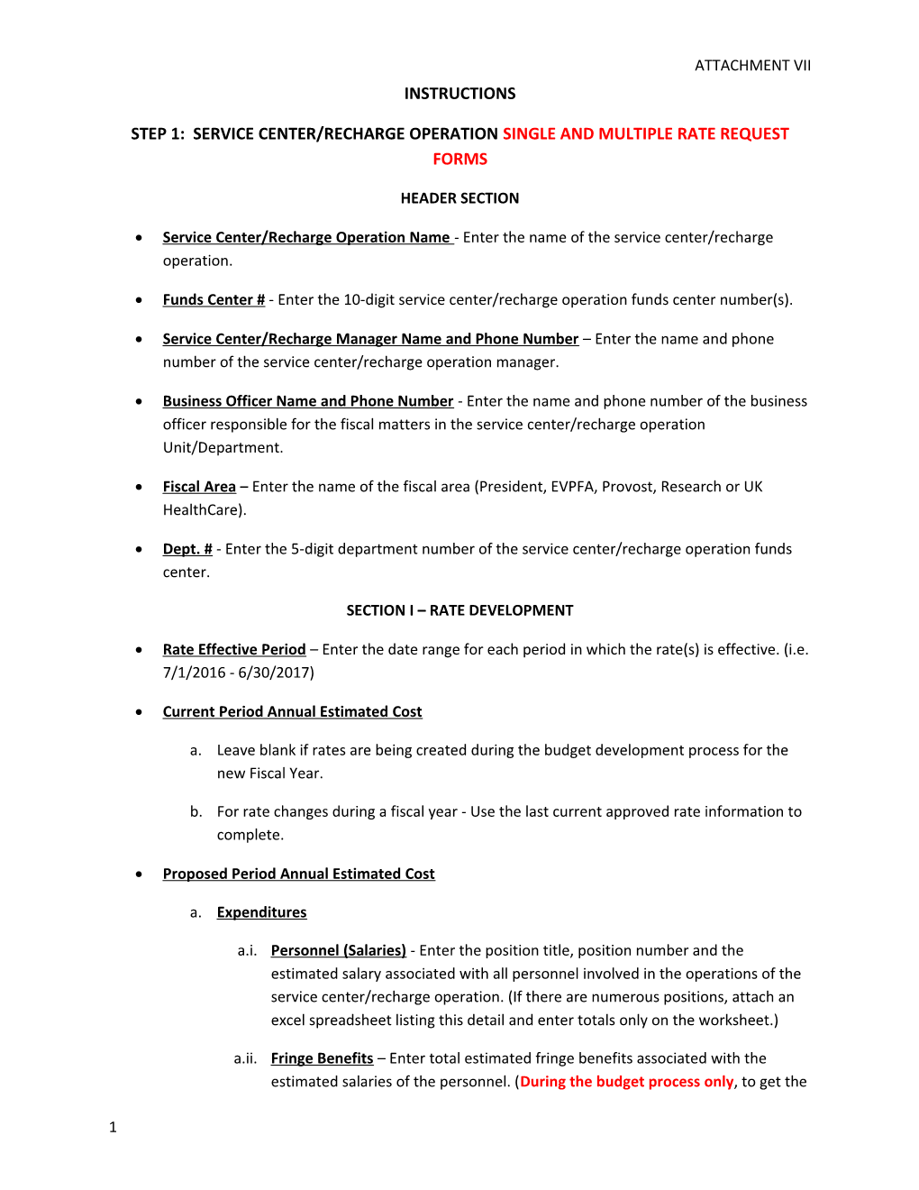 Step 1: Service Center/Recharge Operation Single and Multiple Rate Request Forms