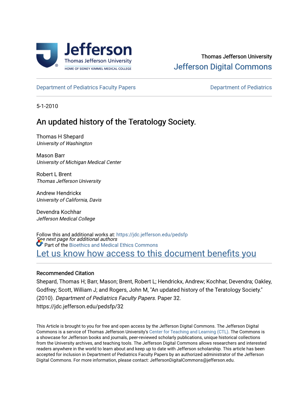 An Updated History of the Teratology Society