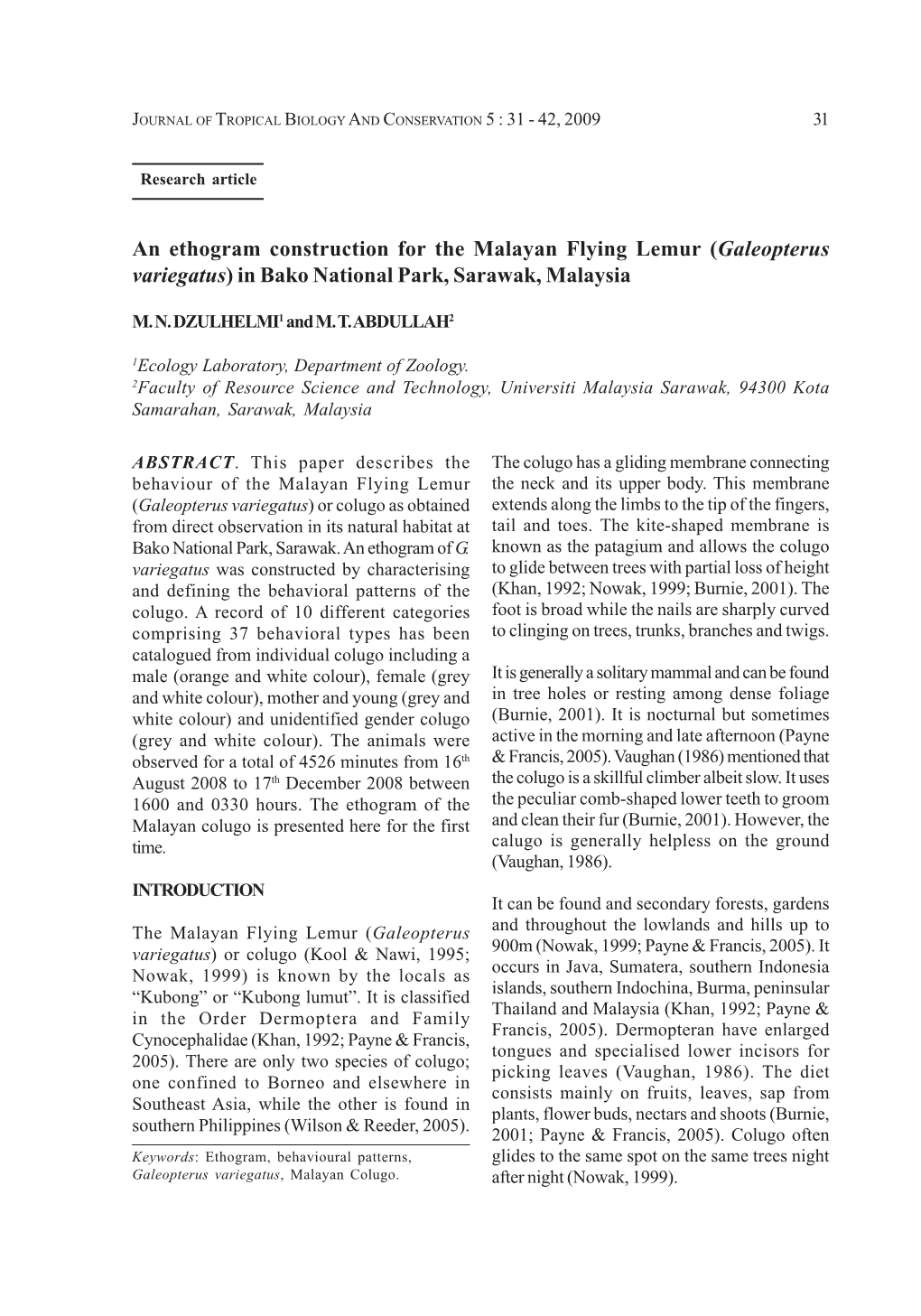 An Ethogram Construction for the Malayan Flying Lemur (Galeopterus Variegatus) in Bako National Park, Sarawak, Malaysia