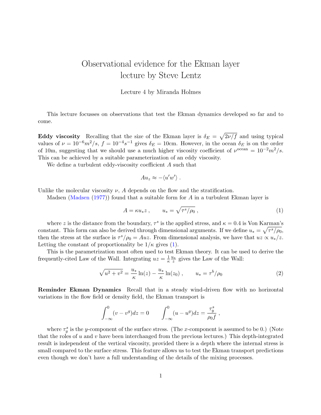 Observational Evidence for the Ekman Layer Lecture by Steve Lentz