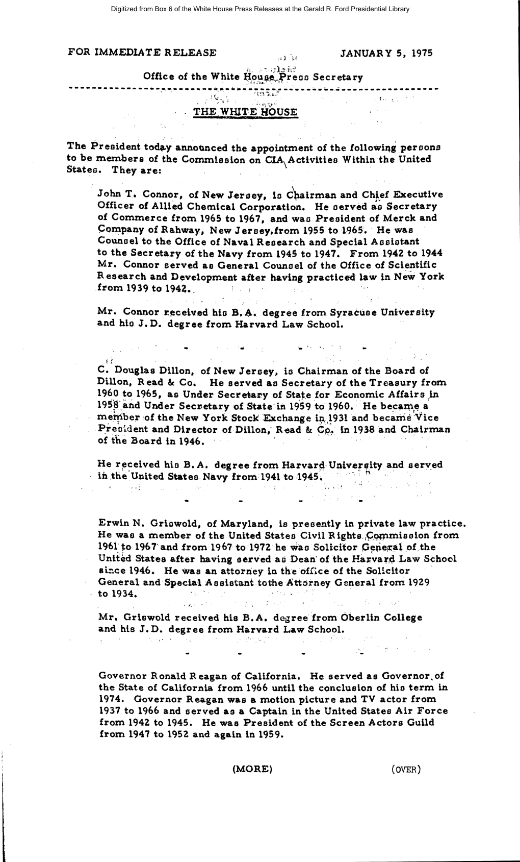 Gerald R. Ford Administration White House Press Releases