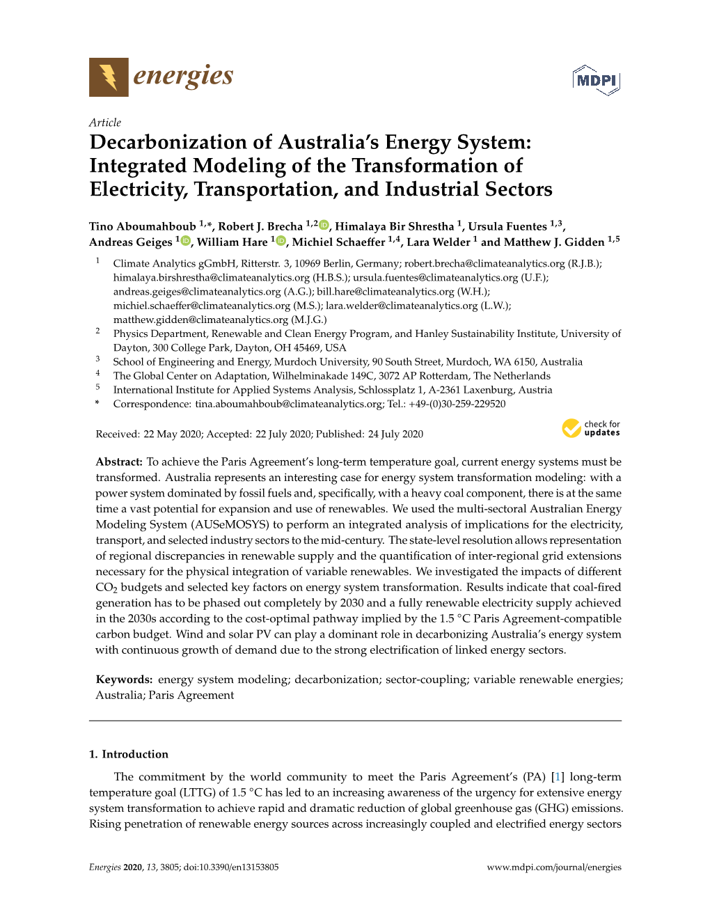 Decarbonization of Australia's Energy System: Integrated Modeling