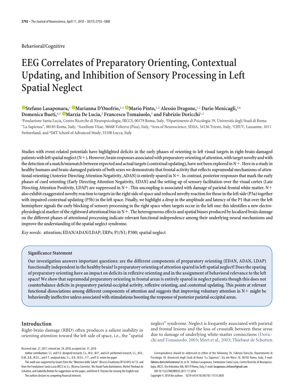 EEG Correlates of Preparatory Orienting, Contextual Updating, and Inhibition of Sensory Processing in Left Spatial Neglect