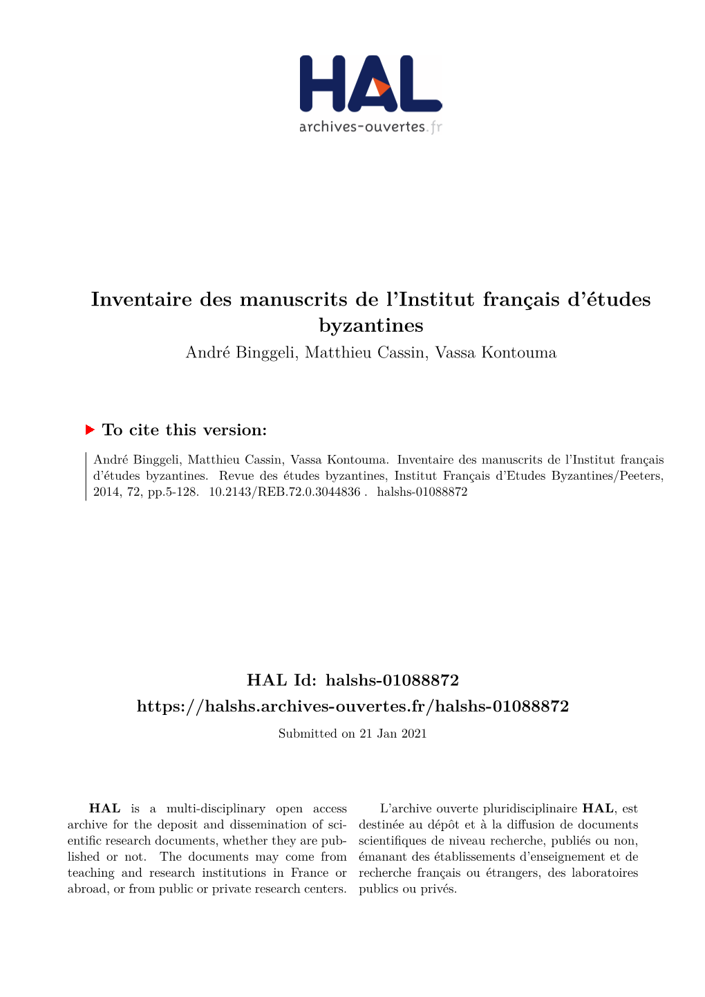 Inventaire Des Manuscrits De L'institut Français D'études Byzantines