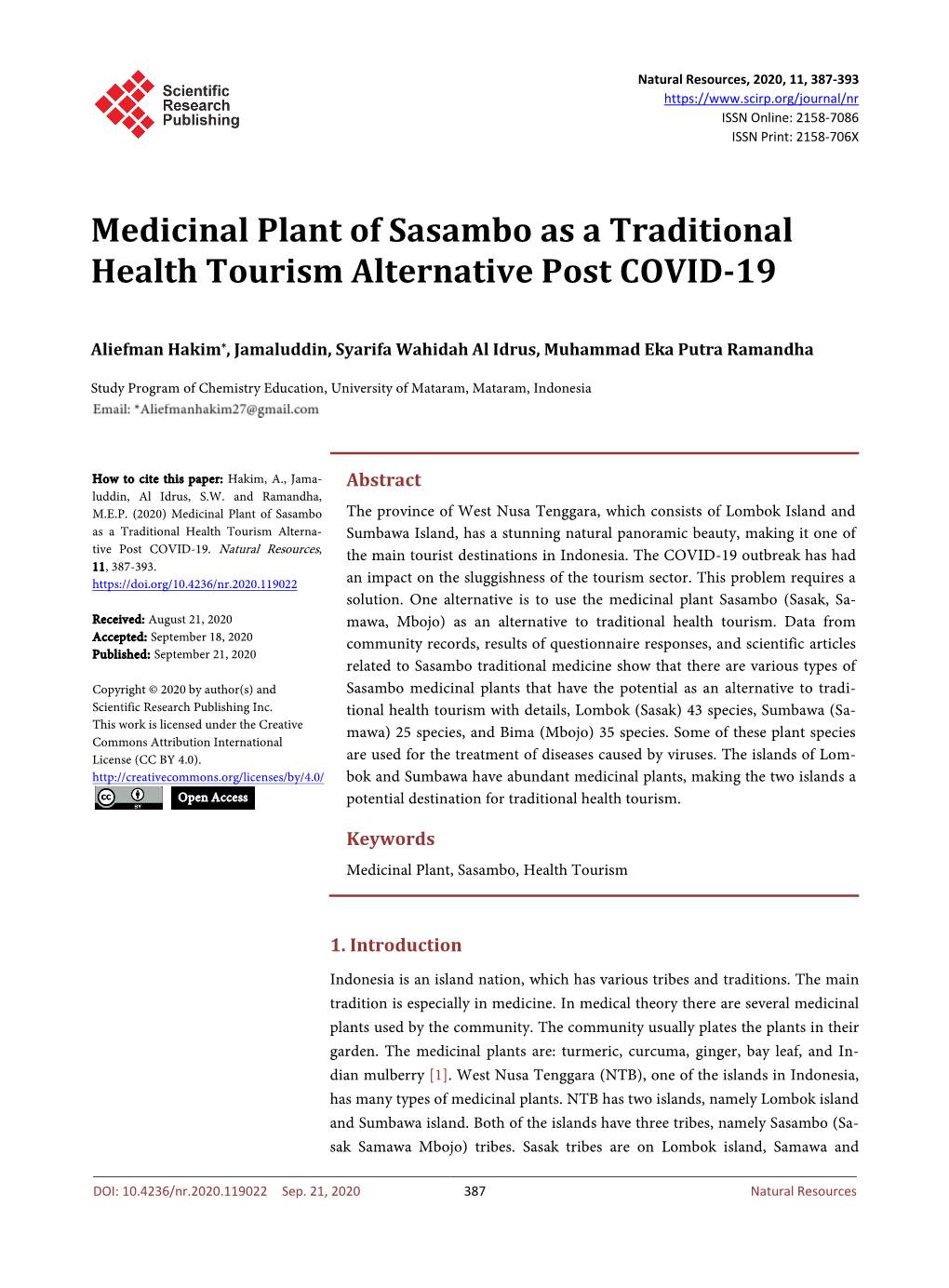 Medicinal Plant of Sasambo As a Traditional Health Tourism Alternative Post COVID-19