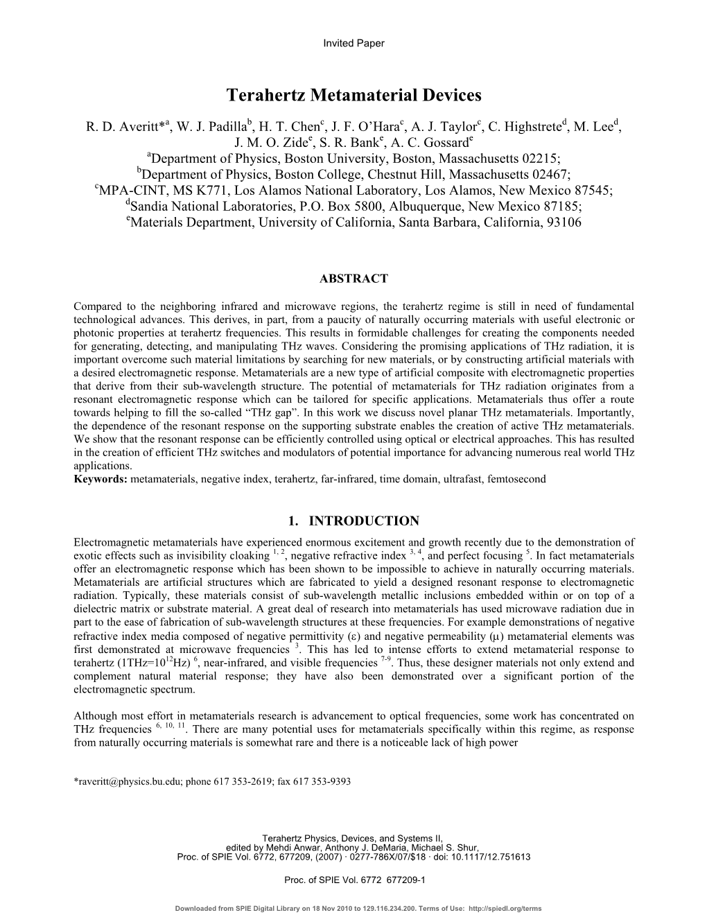 Terahertz Metamaterial Devices