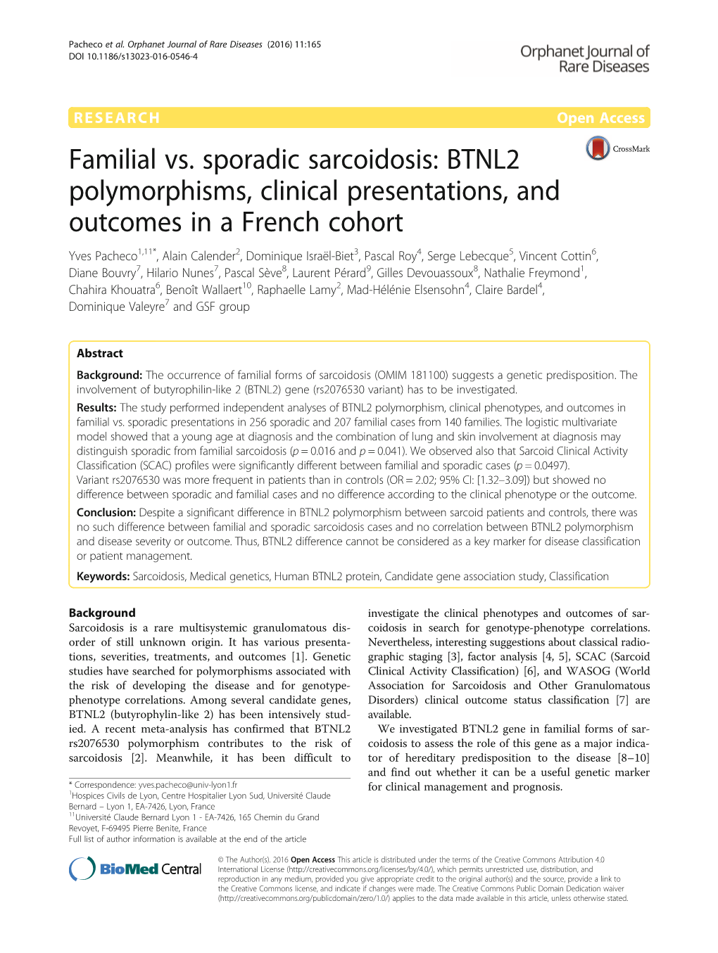 Familial Vs. Sporadic Sarcoidosis: BTNL2 Polymorphisms, Clinical