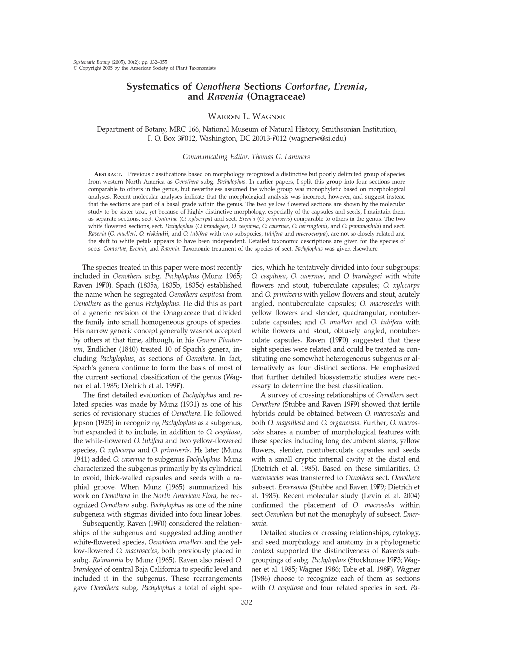 Systematics of Oenothera Sections Contortae, Eremia, and Ravenia (Onagraceae)