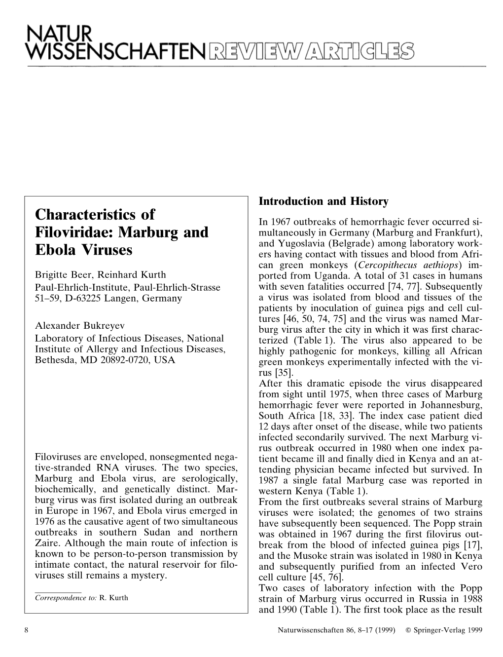 Characteristics of Filoviridae: Marburg and Ebola Viruses