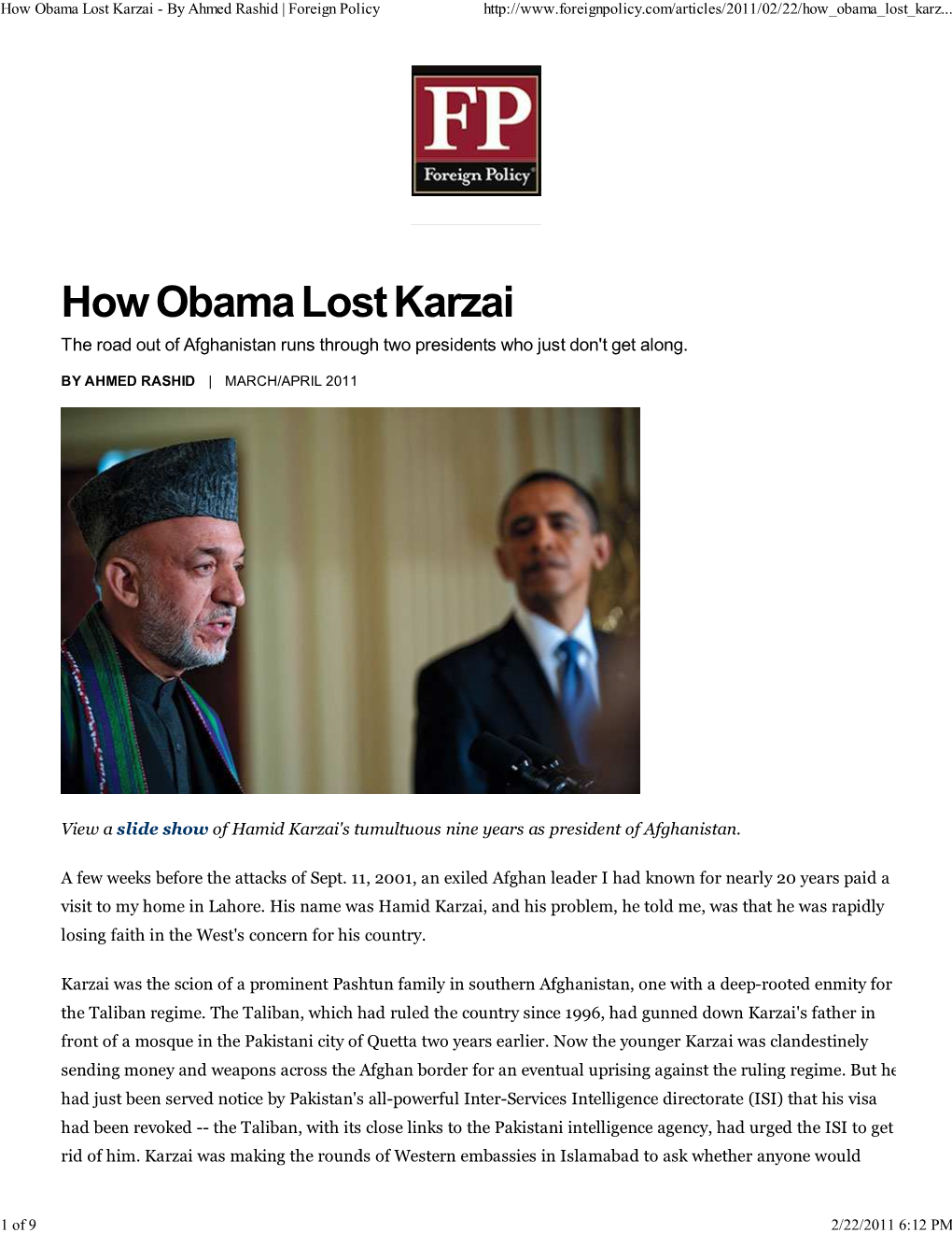 How Obama Lost Karzai - by Ahmed Rashid | Foreign Policy