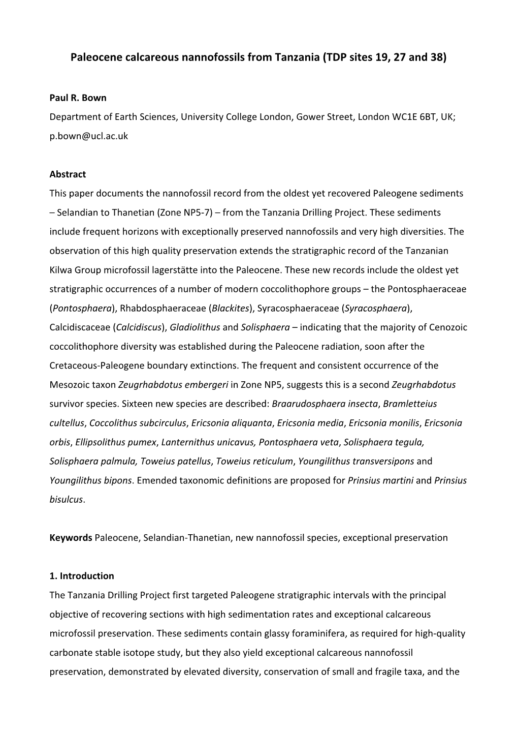 Paleocene Calcareous Nannofossils from Tanzania (TDP Sites 19, 27 and 38)