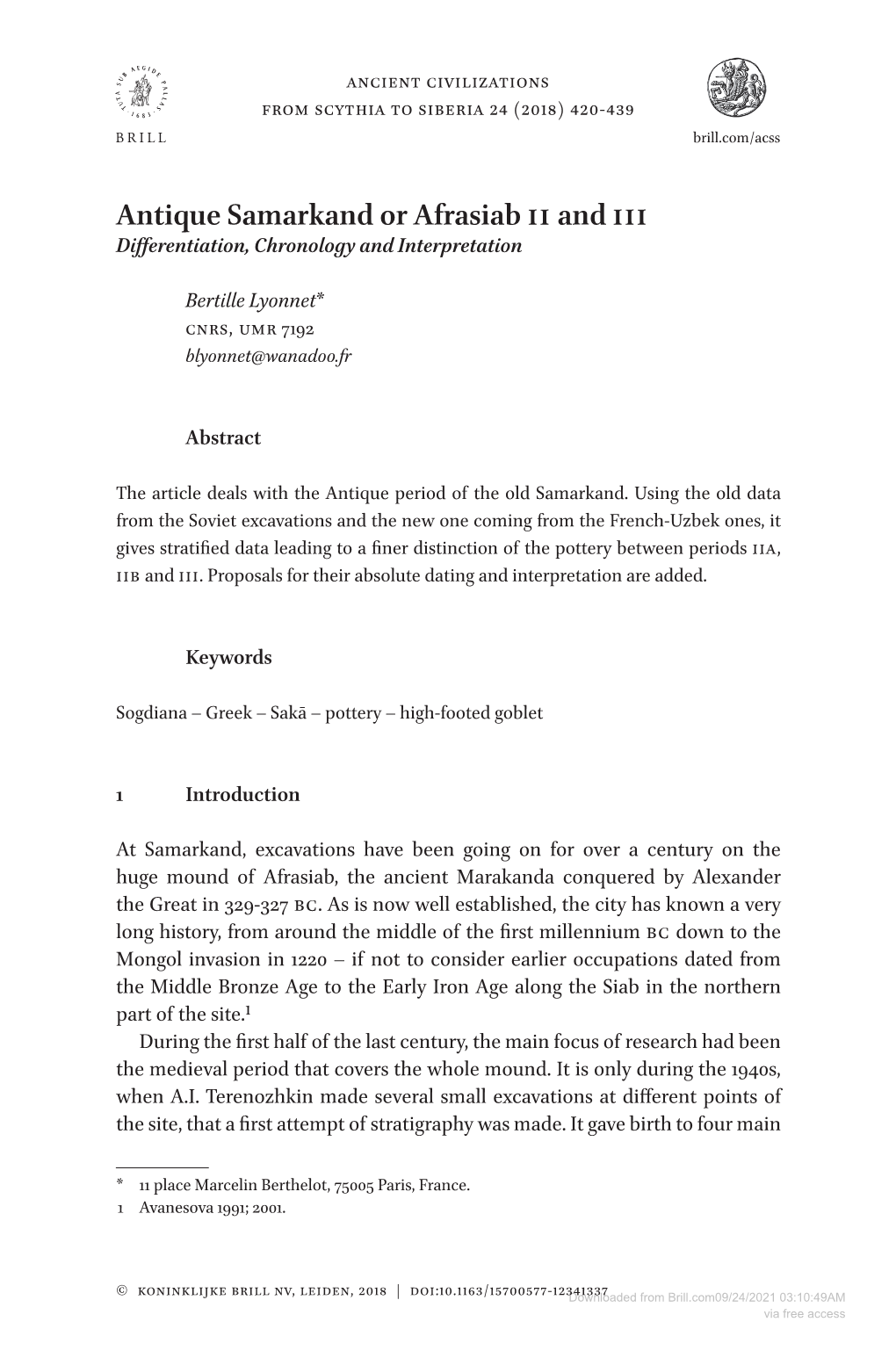 Antique Samarkand Or Afrasiab Ii and Iii Differentiation, Chronology and Interpretation