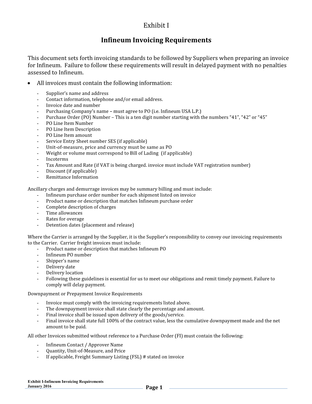 Exhibit I Infineum Invoicing Requirements