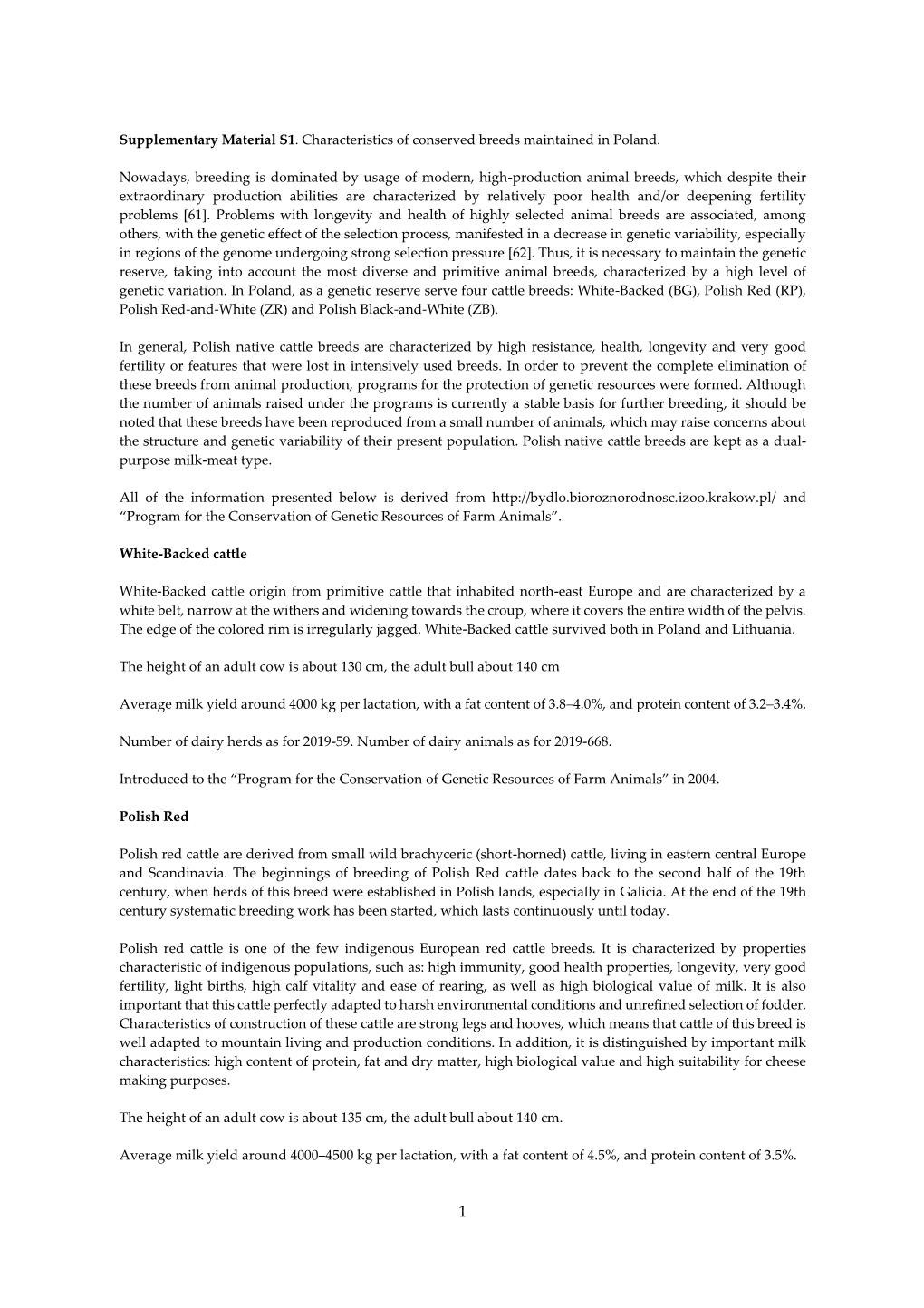 Supplementary Material S1. Characteristics of Conserved Breeds Maintained in Poland