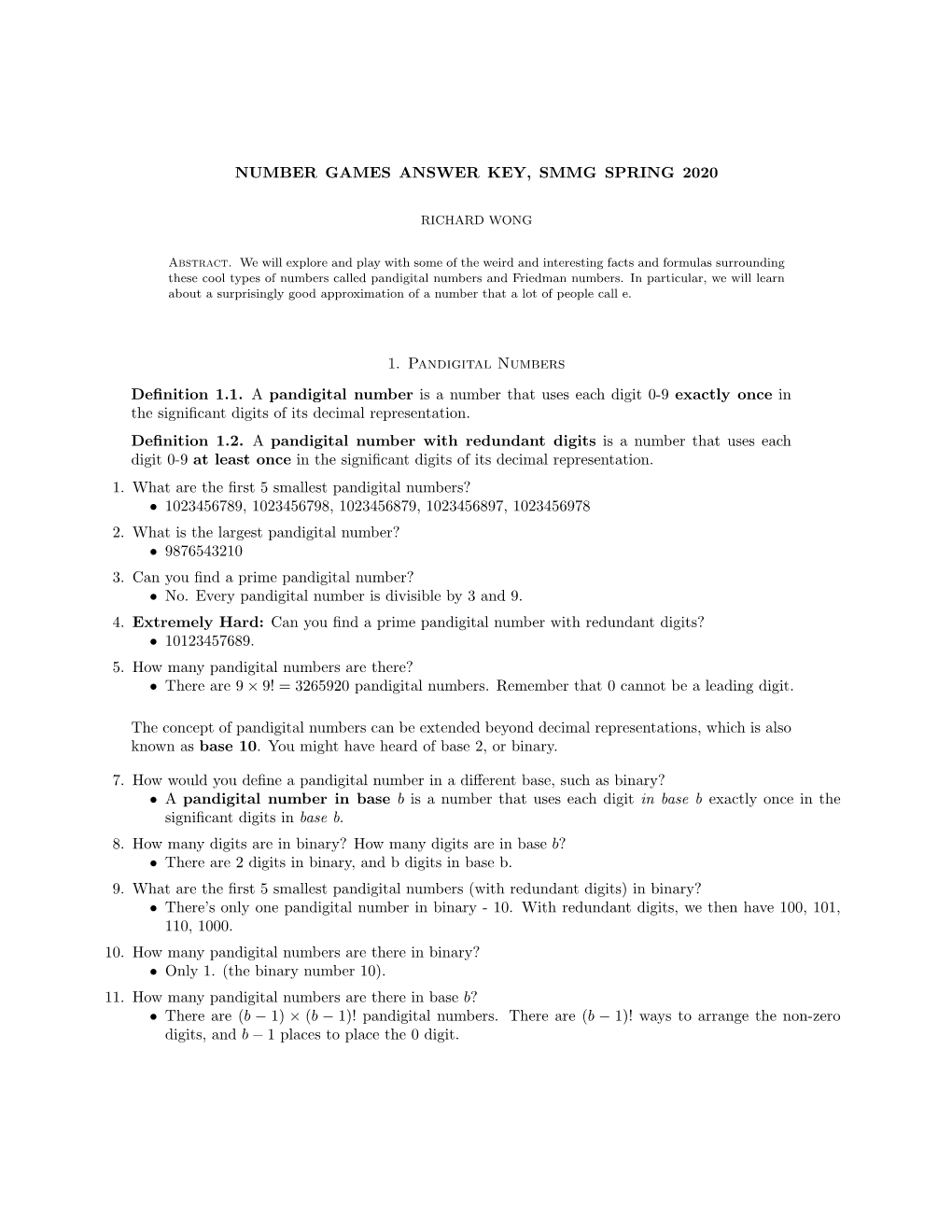 NUMBER GAMES ANSWER KEY, SMMG SPRING 2020 1. Pandigital